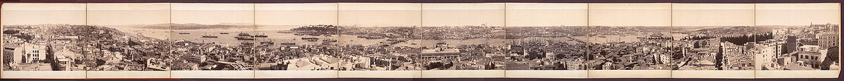 ’n Panoramiese uitsig vanaf die Galata-toring tydens die laat Ottomaanse tydperk.