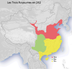 Tri kraljestva leta 262: Šu Han (zeleno), Vzhodni Vu (rumeno) in Cao Vej (rdeče)