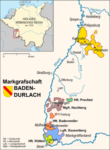 Маркграфство Баден-Дурлах (жёлтое) и присоединенные к нему владения