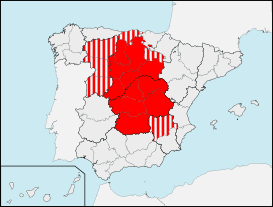 Interpretación de Castilla sobre la división territorial de España de 1833: en rojo aparecen las provincias vinculadas tradicionalmente a Castilla,[10]​[11]​[12]​ y la zona rayada corresponde a otras provincias ligadas a Castilla en distintos proyectos y períodos históricos, incluyendo las que pertenecieron a la misma en el período previo al Estado autonómico.[13]​[n. 1]​