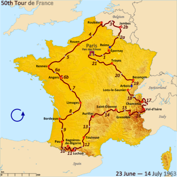 Route of the 1963 Tour de France