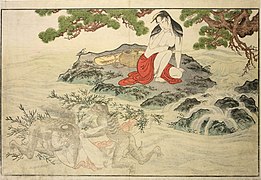 A kappa has sex at a river underwater, while a woman is watching and smiling in a print from Utamaro's Utamakura