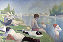 Seurats Baders bij Asnières (1884), in een neo-impressionistische stijl. Geëxposeerd tijdens de achtste tentoonstelling