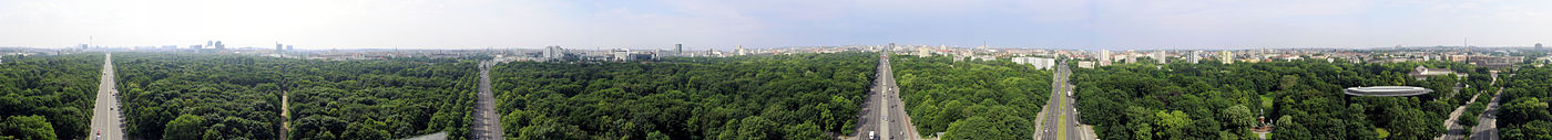 Panorama Berlin-Tiergarten sjoen fanút de Siegessäule yn Großer Tiergarten, begjinnend mei lofts sjocht men nei it easten