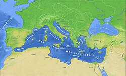 La mer Méditerranée, ses mers secondaires et les zones économiques exclusives.