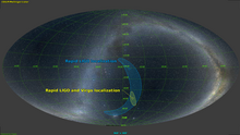 Map of the entire sky using the Mollweide projection, showing two areas corresponding to the localization of an event using only the 2 LIGO detectors, and using both LIGO and Virgo. The area with the 3 detectors is smaller by a factor 20.