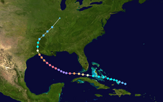 Мапа руху та інтенсивності урагану Ріта за шкалою Саффіра-Сімпсона.