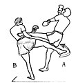 Saisie de jambe et riposte en ligne basse (boxe thaïe).