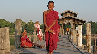 U Bein, Laughing monks, Amarapura, Mandalay, Myanmar.jpg