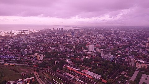 View of the Colombo City through the Pink-tinted glass of the Banquet Hall on the Fourth Floor