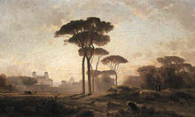 « Villa Medici, Rome » : tableau réalisé par Jean-Achille Benouville en 1864, qui met les pins parasols en vedette.