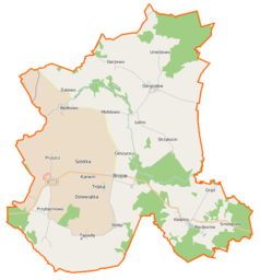 Mapa konturowa gminy Brojce, blisko centrum na dole znajduje się punkt z opisem „Brojce”
