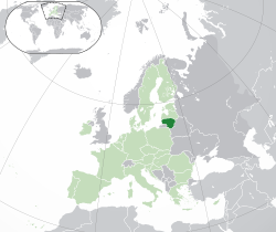  लिथुआनिया  (red) की अवस्थिति – Europe  (light yellow & orange) में – the European Union  (light yellow) में  —  [संकेत]