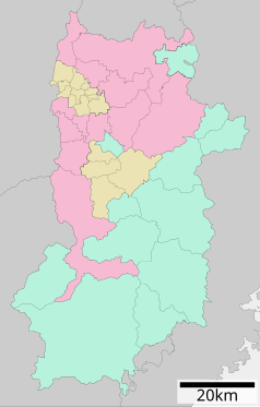 Mapa konturowa prefektury Nara, u góry znajduje się punkt z opisem „Tenri”