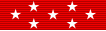 A scarlet ribbon with 7 white 5 pointed stars