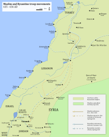 Carte des mouvements de troupes en Syrie et en Palestine en 635-636