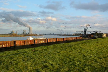 The port of Orsoy (Rheinberg), Rhine and power station of Duisburg-Walsum, view towards SE.