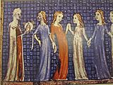 Miriam y las hebreas festejan haber cruzado el Mar Rojo. Hagadá Sarajevo, Barcelona, siglo XIV
