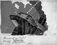 Cel from The Sinking of the Lusitania. Smoke billows from the sinking RMS Lusitania.