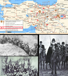 A dalt: Les estrelles mostra on es van produir els conflictes actius el 1915; Superior esquerra: Armenis defensant les muralles de Van a la primavera de 1915; Inferior esquerra: Resistència armènia a Urfa; Dreta: Sacerdot armeni de setanta anys d'edat conduint els armenis al camp de batalla