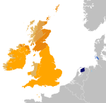 Map of the approximate modern distribution of the Anglo-Frisian languages (English, Scots and the various forms of Frisian).