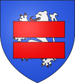 blason de la commune de la Mothe-Achard: D'azur au lion d'argent, armé et lampassé de gueules, aux deux fasces alésées cousues du même brochant sur le tout.