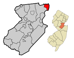 Map of Carteret in Middlesex County. Inset: Location of Middlesex County highlighted in the State of New Jersey.
