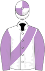 White, mauve sash and sleeves, quartered cap