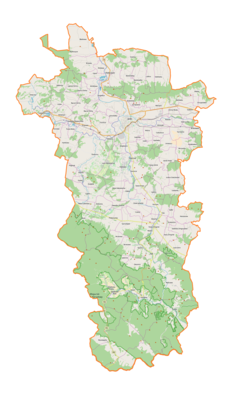 Mapa konturowa powiatu jasielskiego, na dole nieco na prawo znajduje się punkt z opisem „Krempna”