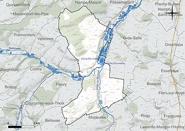 Carte en couleur présentant le réseau hydrographique de la commune