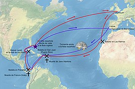 Recorrido aproximado de la expedición de Francis Drake y de John Hawkins de 1595-1596 (en rojo) y del seguimiento y final ataque naval de la flota de Bernardino de Avellaneda y Juan Gutiérrez de Garibay (en azul)
