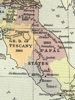 zemljevid papeške države; rdečkasta ozemlja so bila Kraljevini Italiji priključena leta 1860, preostala (siva) leta 1870.