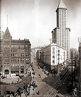 English: Looking roughly east from the corner of First, Yesler, and Cherry in 1917.