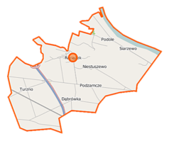 Mapa konturowa gminy Raciążek, w centrum znajduje się punkt z opisem „Raciążek”