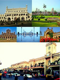Clockwise from top: Bada Imambara, Charbagh Railway Station, Rumi Darwaza, Hazratganj, La Martiniere School, Ambedkar Memorial Park