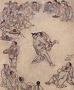 Peinture représentant deux hommes à la lutte, entourés d'une quinzaine d'autres hommes assis et debout assistant au spectacle.