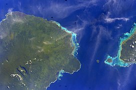 Savaiʻi (left island) with lava fields visible (top left) in Gagaʻemauga district (NASA photo, 2008)