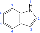 Fórmula esquelética do indol con esquema numerado