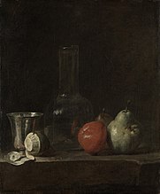 Jean-Baptiste-Siméon Chardin, Still Life with Glass Flask and Fruit, c. 1750