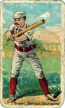 Color drawing of a man with a mustache in a white baseball uniform, cap, and red socks holding a bat with both hands. Along the bottom text reads "BURNS, BATTER, BALTIMORE".