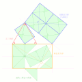 合同な直角二等辺三角形を張り合わせて黄金長方形、白銀長方形（大和比）を作り、それらから正三角形を作った例。