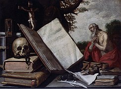 Vanitas con libros, una calavera, un crucifijo y un reloj de arena, San Jerónimo en el fondo (c. 1620), de Abraham Bloemaert, colección privada