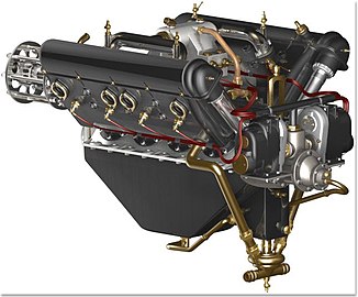 1914–1918 Hispano-Suiza 8Be SOHC aircraft engine with "tower shafts" at the rear of each cylinder bank