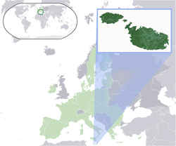 Location of Malta (dark green) – on the European continent (light green & dark grey) – in the European Union (light green)