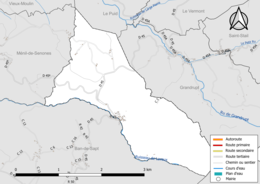 Carte en couleur présentant le réseau hydrographique de la commune