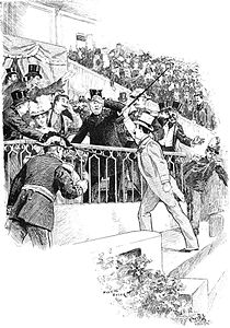 Le président Émile Loubet agressé à la tribune de l'hippodrome d'Auteuil (Le Monde moderne, 1899).