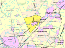 Census Bureau cairt o the umwhile Princeton Tounship (an enclaved Borough in pink), New Jersey