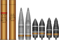 TSRS 122 mm patrankos A-19 ir tankinės patrankos D-25T dvinariai šaudmenys. Kairėje – tūtos su šaunamaisiais užtaisais.