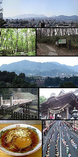 Yukarıdan sola: Hachioji şehir merkezi, Komiya Parkı, Naganuma Parkı, Takao Dağı, Hachioji Kalesi'nde taş çit ve köprü, Takao Dağı'nda Yakuoin, Hachioji Ramen, Hachioji Geleneksel Ağustos Festivali