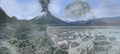 Image 2An artist's impression of the Archean, the eon after Earth's formation, featuring round stromatolites, which are early oxygen-producing forms of life from billions of years ago. After the Late Heavy Bombardment, Earth's crust had cooled, its water-rich barren surface is marked by continents and volcanoes, with the Moon still orbiting Earth half as far as it is today, appearing 2.8 times larger and producing strong tides. (from Earth)